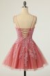 A Line Spaghetti Straps Blush Short Homecoming Dress with Appliques E202283479