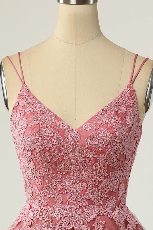 A Line Spaghetti Straps Blush Short Homecoming Dress with Appliques E202283479