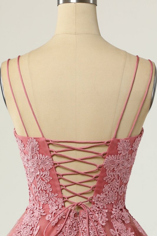 A Line Spaghetti Straps Blush Short Homecoming Dress with Appliques E202283479