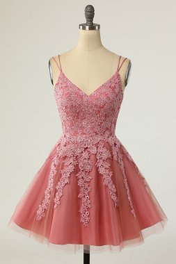 A Line Spaghetti Straps Blush Short Homecoming Dress with Appliques E202283479