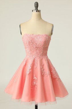 Blush Strapless Short Prom Dress with Appliques E202283478