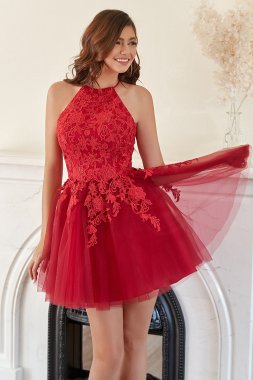 A Line Halter Red Short Homecoming Dress with Appliques E202283475