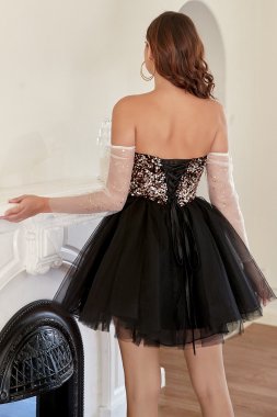 A Line Off the Shoulder Black Short Homecoming Dress with Beading E202283474