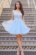 Cute A Line Deep V Neck Light Blue Homecoming Dress with Appliques E202283466
