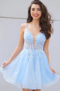 Cute A Line Deep V Neck Light Blue Homecoming Dress with Appliques E202283466