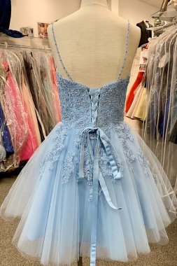 Blue Spaghetti Straps Homecoming Dress With Appliques E202283465