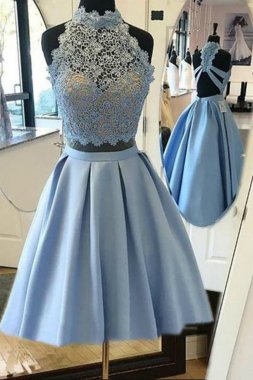 Halter Lace Blue Homecoming Dress E202283463