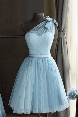 One Shoulder Blue Homecoming Dress With Bowknot E202283488