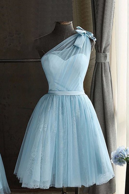One Shoulder Blue Homecoming Dress With Bowknot E202283488