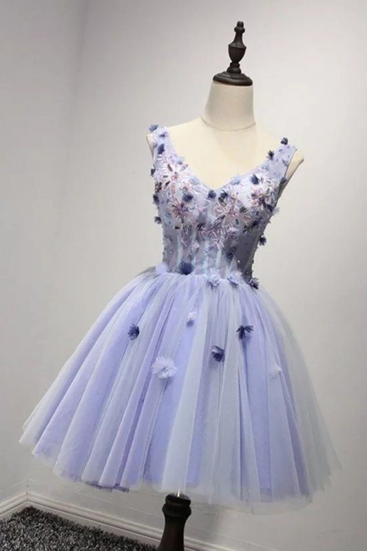 Purple V Neck A Line Homecoming Dress E202283485