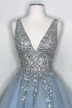 Blue V Neck Homecoming Dress With Beadings E202283467
