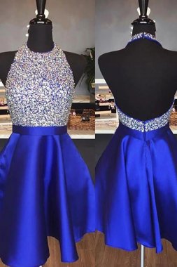 Royal Blue Beaded Backless Short Homecoming Dress E202283483
