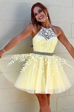 Yellow A Line Halter Backless Homecoming Dress E202283464