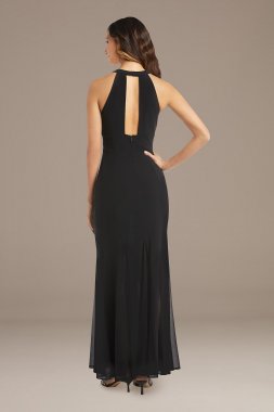 Mesh Overlay Halter Gown with Open Back 22023