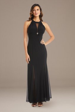 Mesh Overlay Halter Gown with Open Back 22023