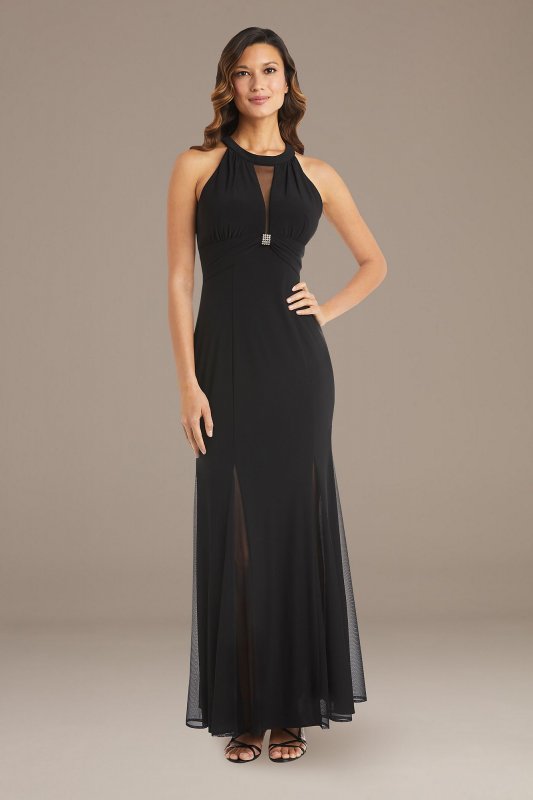 Mesh Overlay Halter Gown with Open Back 22023