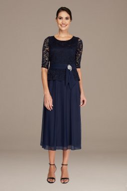 Lace and Mesh Midi Dress with Crystal Detail 28259