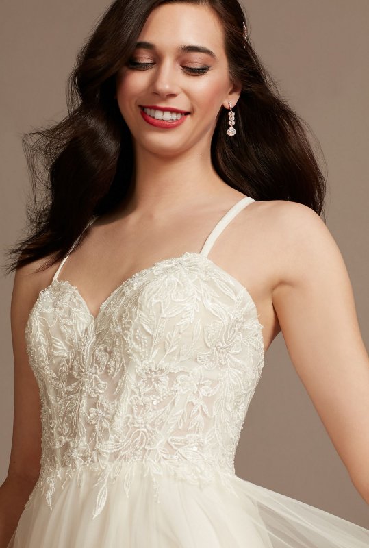 Sheer Boned Bodice Tulle Tall Wedding Dress 4XLWG4036