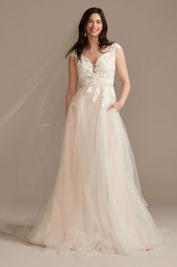 Appliqued Cap Sleeve Tulle Tall Wedding Dress 4XLWG4037