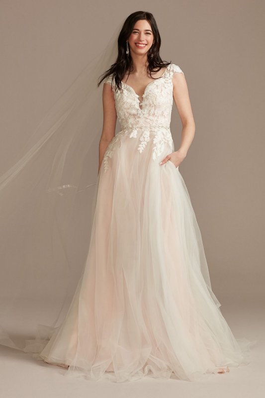 Appliqued Cap Sleeve Tulle Tall Wedding Dress 4XLWG4037