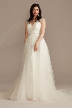 Plunging Cap Sleeve Open Back Petite Wedding Dress 7CWG901