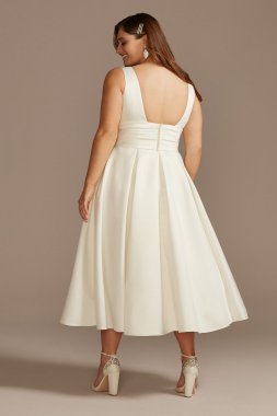 Satin V-Neck Tea Length Plus Size A-Line Dress 9SDWG0970