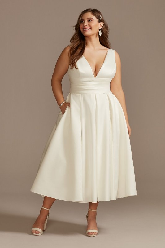 Satin V-Neck Tea Length Plus Size A-Line Dress 9SDWG0970