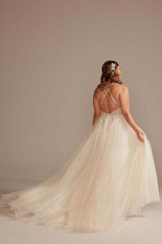 Beaded Applique Plunge Plus Size Wedding Dress 9SWG914