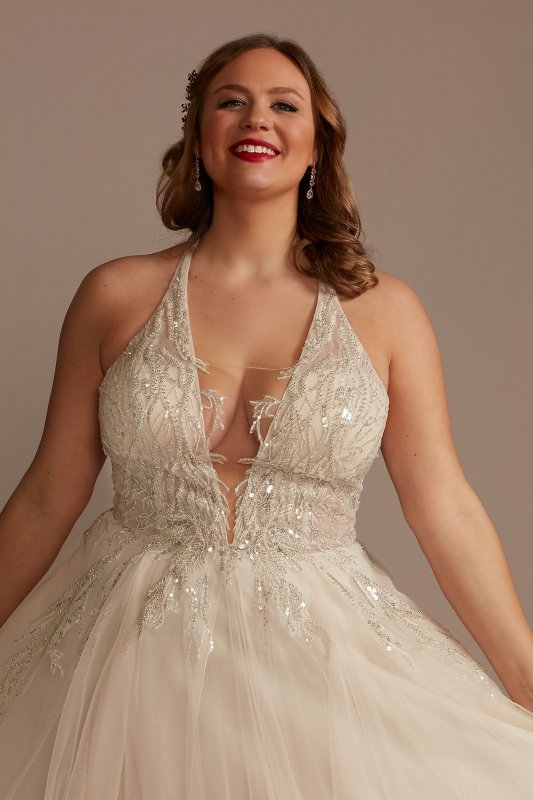 Beaded Applique Plunge Plus Size Wedding Dress 9SWG914