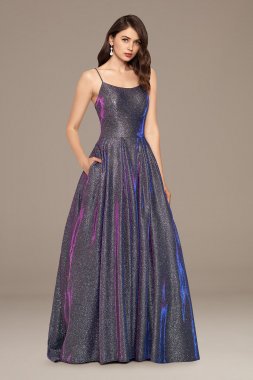 Iridescent Glitter Ball Gown with Spaghetti Straps A22793