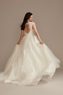 Plunging Cap Sleeve Open Back Tulle Wedding Dress CWG901