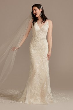 Strappy Beaded Applique Tulle Sheath Wedding Dress CWG904