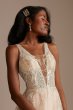 Beaded Applique Plunge Wedding Dress with Slit SWG914