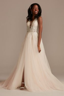 Beaded Applique Plunge Wedding Dress with Slit SWG914