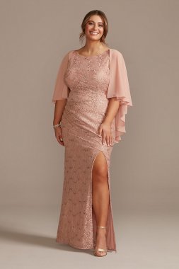 Draped Lace Floor-Length Dress with Matching Shawl WBM2537W