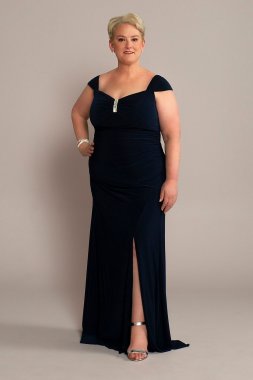 Plus Jersey Gown with Swag Sleeves and Crystals WBM2574W