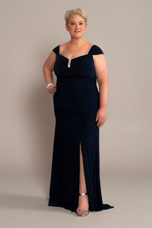 Plus Jersey Gown with Swag Sleeves and Crystals WBM2574W