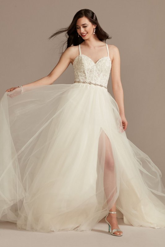 Sheer Boned Bodice Spaghetti Strap Wedding Dress WG4036