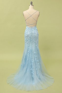 Mermaid Blue Long Prom Dress Backless Evening Dress E202283152
