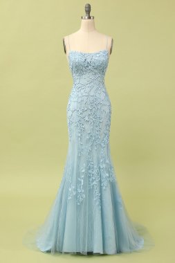 Mermaid Blue Long Prom Dress Backless Evening Dress E202283152