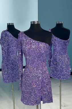 One Shoulder Glitter Sequins Homecoming Dress E202283155