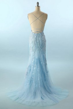 Mermaid Blue Long Prom Dress Backless Evening Dress E202283146