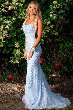 Mermaid Blue Long Prom Dress Backless Evening Dress E202283146