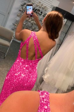 Fuchsia Sequin Long Prom Dress with Slit E202283143