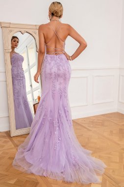 Light Purple Mermaid Long Prom Dress with Appliques E202283149