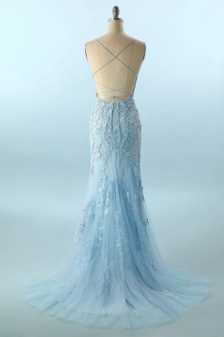 Blue Spaghetti Straps Backless Prom Dress E202283156