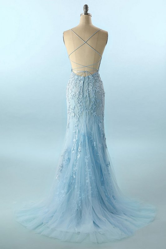 Blue Spaghetti Straps Backless Prom Dress E202283156