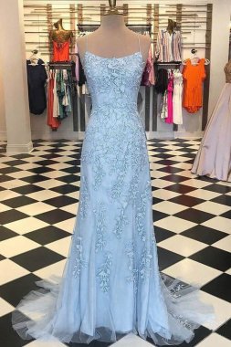 Blue Spaghetti Straps Backless Appliques Prom Dress E202283161