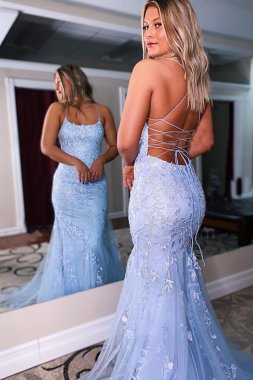 Blue Lace Mermaid Backless Prom Formal Dress E202283160