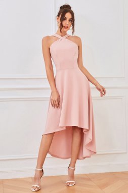 Pink A Line Halter High Low Homecoming Dress E202283113